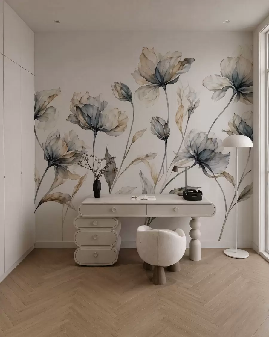 murales de pared Flores elegantes y ligeras, con pétalos translúcidos en capas y tallos largos y delicados w05579