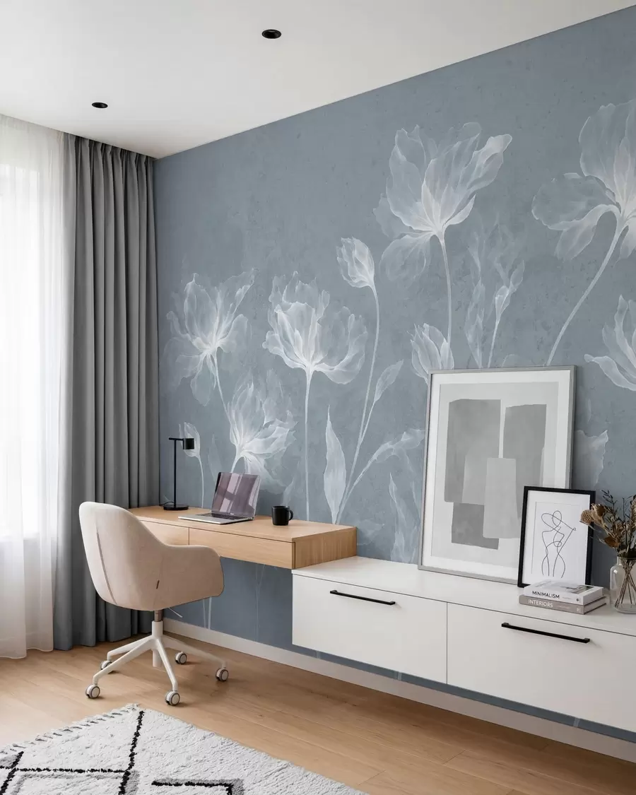 murales de pared Flores elegantes y ligeras, con pétalos translúcidos en capas y tallos largos y delicados w05579v2