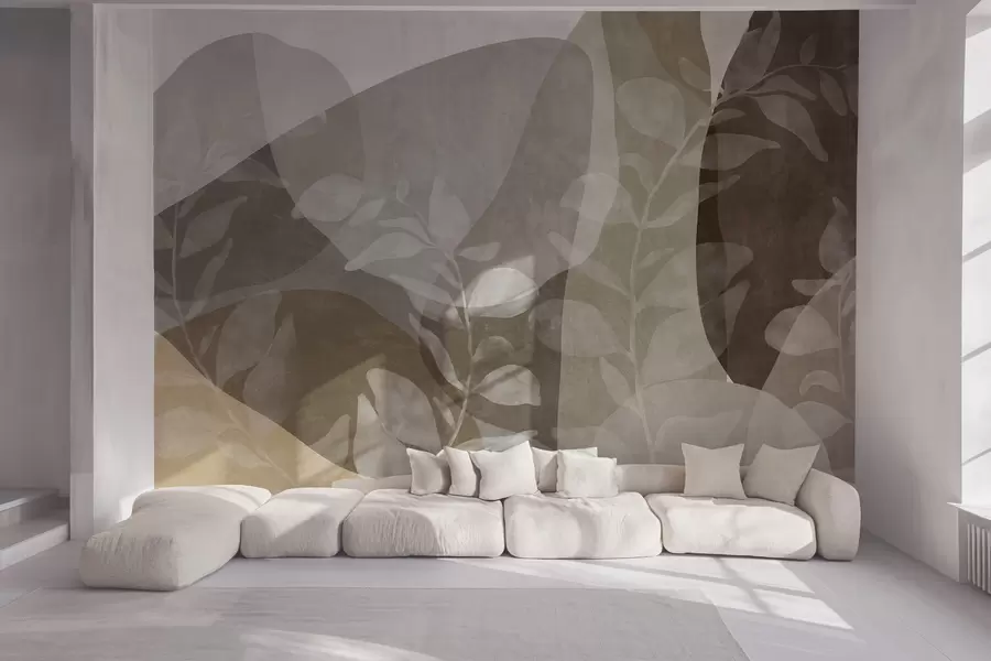 murales de pared Formas abstractas en tonos tierra se superponen a elementos botánicos transparentes y a obras de arte con textura w09865