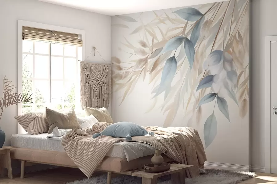 murales de pared Hierba seca con textura, hierba de la pampa y hojas azules, pintadas con un estilo suave, al estilo de la acuarela w09868