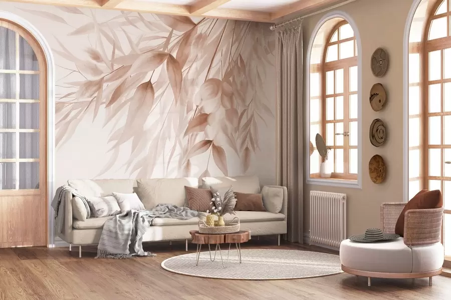 murales de pared Hierba seca con textura, hierba de la pampa y hojas, pintadas con un estilo suave, al estilo de la acuarela w09868v1