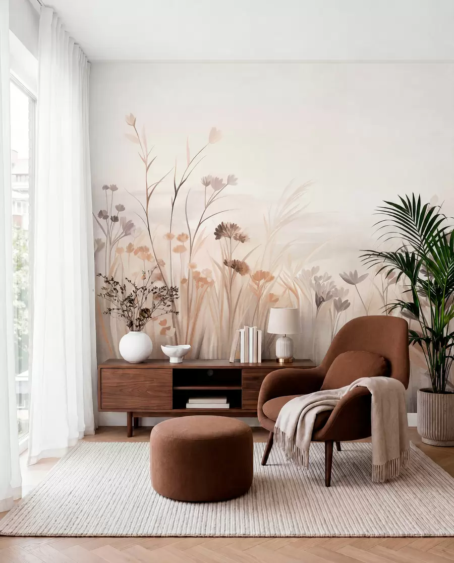 murales de pared Un campo de flores silvestres en tonos apagados de marrón y beige, con hierbas altas y delicadas flores w09872