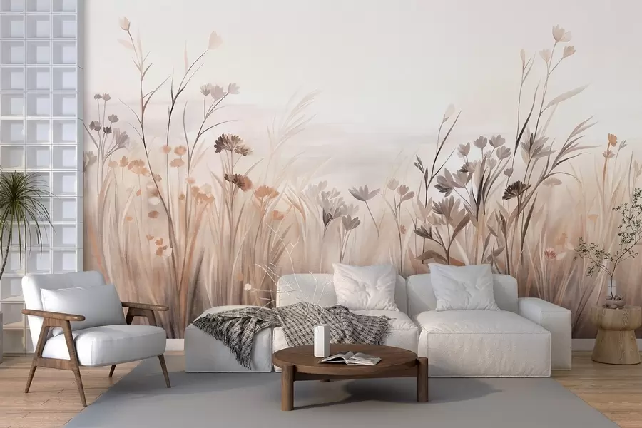 murales de pared Un campo de flores silvestres en tonos apagados de marrón y beige, con hierbas altas y delicadas flores w09872