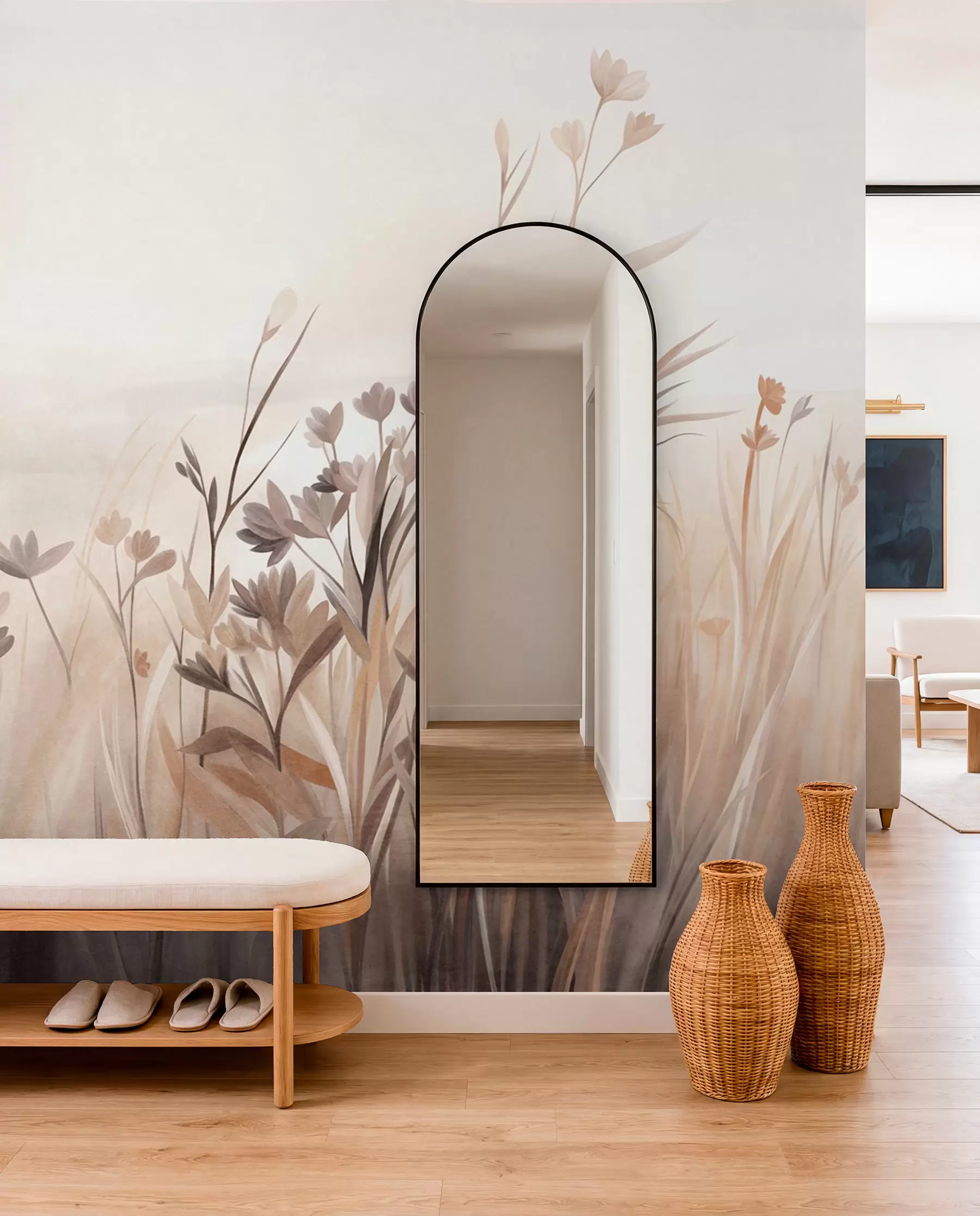 murales de pared Un campo de flores silvestres en tonos apagados de marrón y beige, con hierbas altas y delicadas flores w09872