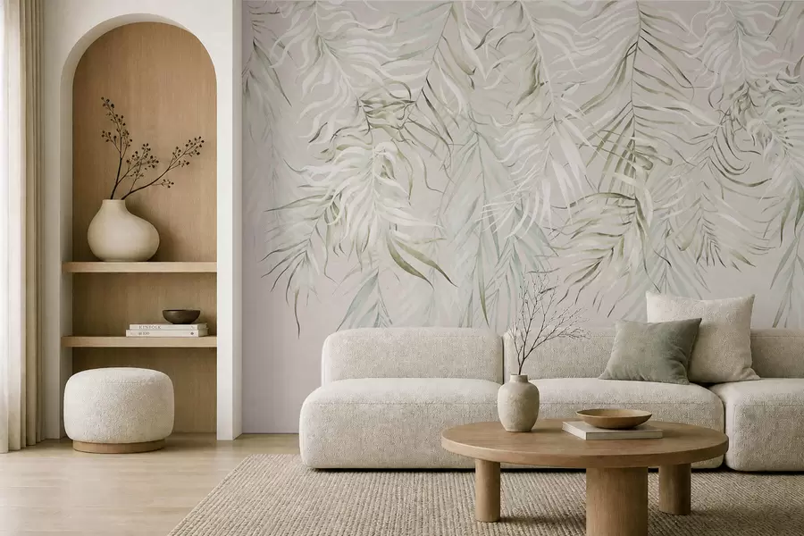 murales de pared Hojas tropicales en tonos pastel sobre un fondo claro w05627