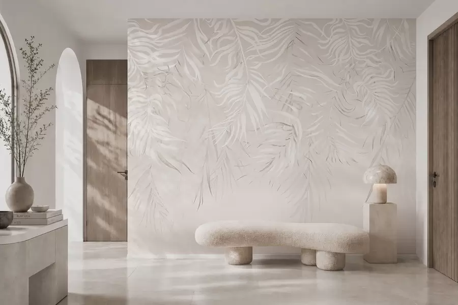 murales de pared Hojas tropicales blancas sobre fondo claro w05627v1