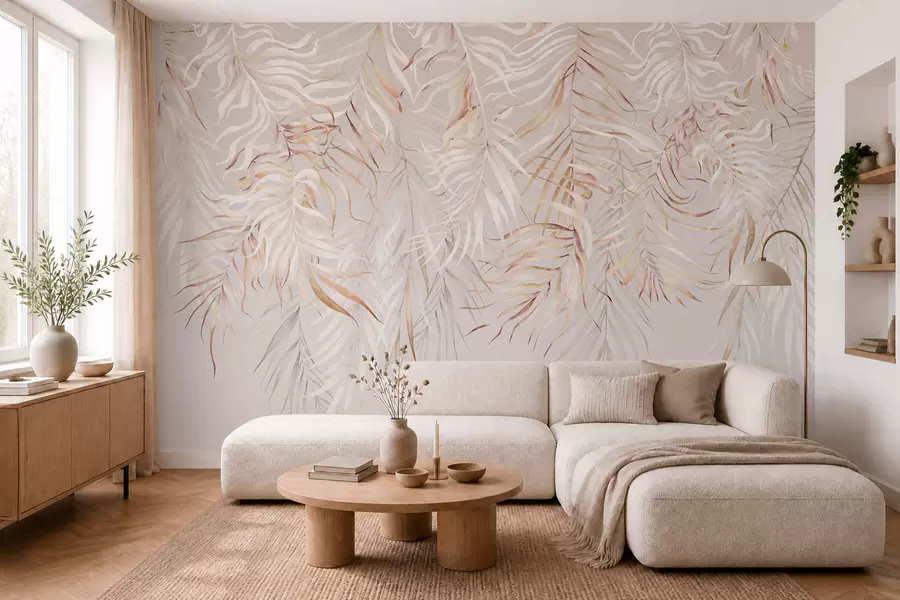 murales de pared Hojas tropicales claras sobre fondo beige w05627v2