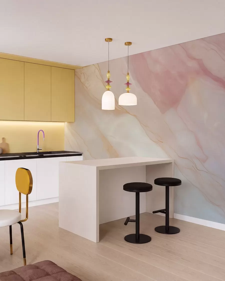 murales de pared Imitación de un patrón abstracto con textura de mármol en tonos rosas y amarillos w05632