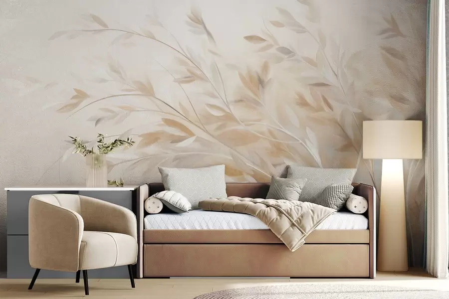 murales de pared Tallos de hierba con textura y hojas, que se mecen suavemente sobre un fondo suave y apagado w09752