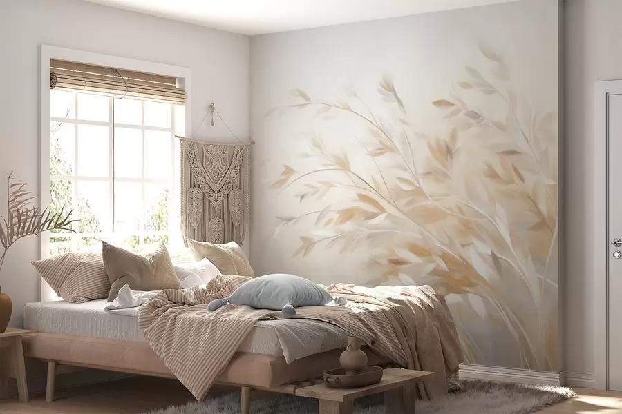 murales de pared Tallos de hierba con textura y hojas, que se mecen suavemente sobre un fondo suave y apagado w09752