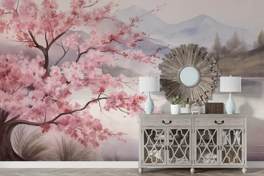 murales de pared Paisaje: un árbol con flores rosas, un lago y montañas envueltas en niebla al fondo w09870