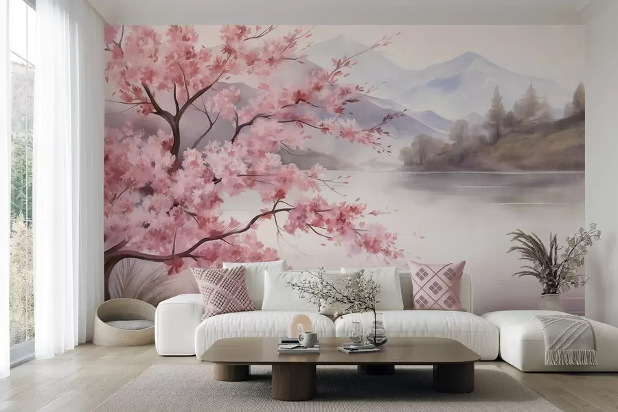 murales de pared Paisaje: un árbol con flores rosas, un lago y montañas envueltas en niebla al fondo w09870