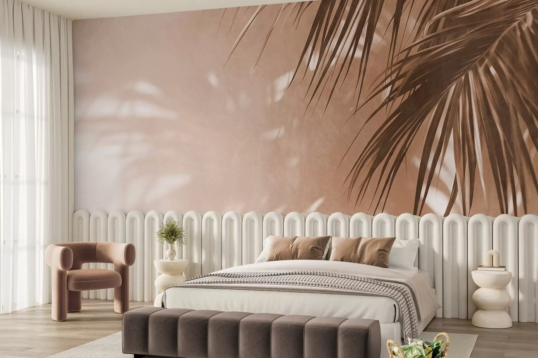 murales de pared Hojas de palmera con textura y sombras, un ambiente tropical, minimalismo w09890