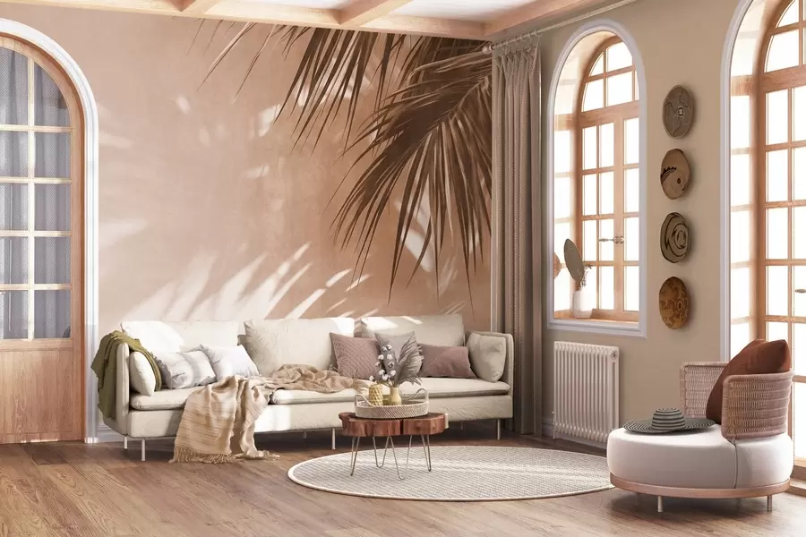 murales de pared Hojas de palmera con textura y sombras, un ambiente tropical, minimalismo w09890