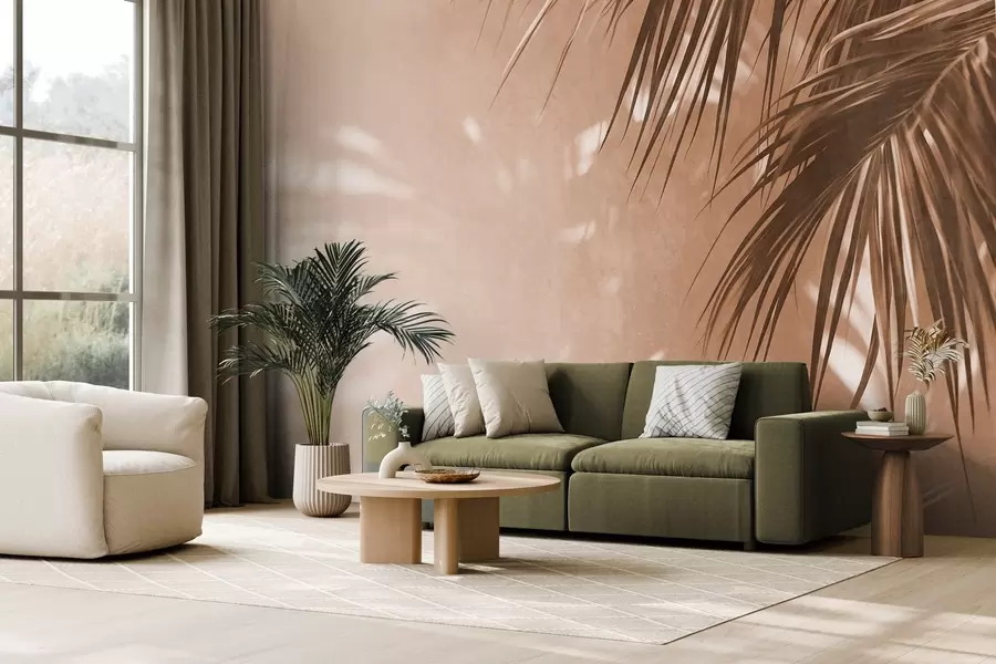 murales de pared Hojas de palmera con textura y sombras, un ambiente tropical, minimalismo w09890