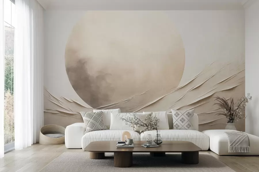 murales de pared Formas abstractas, onduladas y de color crema con una gran esfera pálida; arte moderno minimalista w09895
