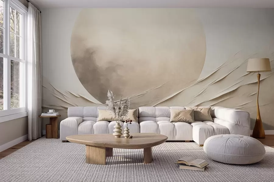 murales de pared Formas abstractas, onduladas y de color crema con una gran esfera pálida; arte moderno minimalista w09895
