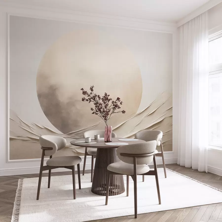 murales de pared Formas abstractas, onduladas y de color crema con una gran esfera pálida; arte moderno minimalista w09895