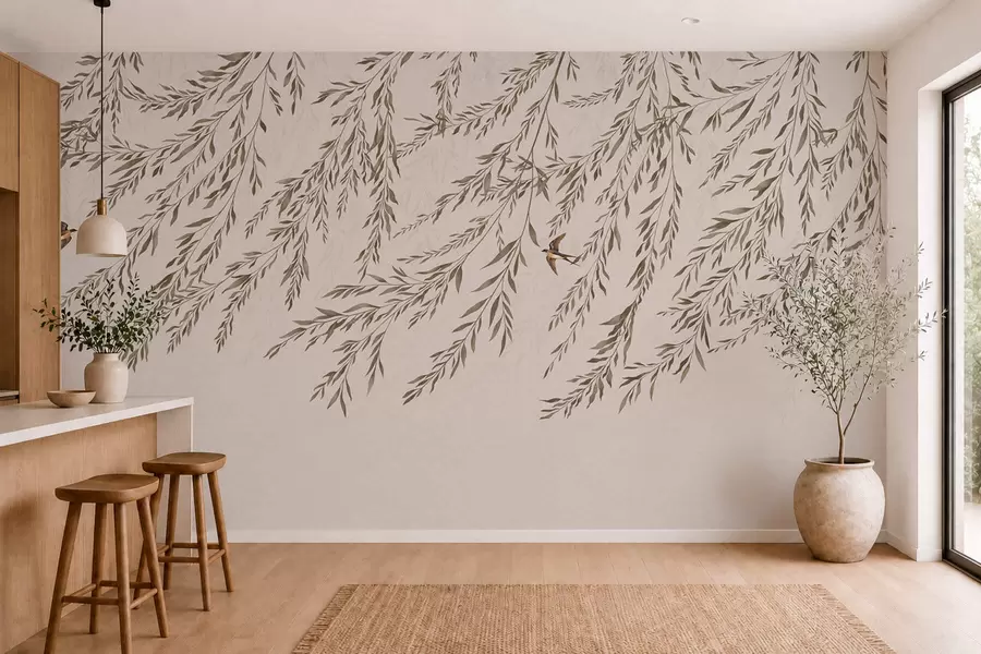 murales de pared Ramas de color beige y golondrinas sobre un fondo claro w05630v1