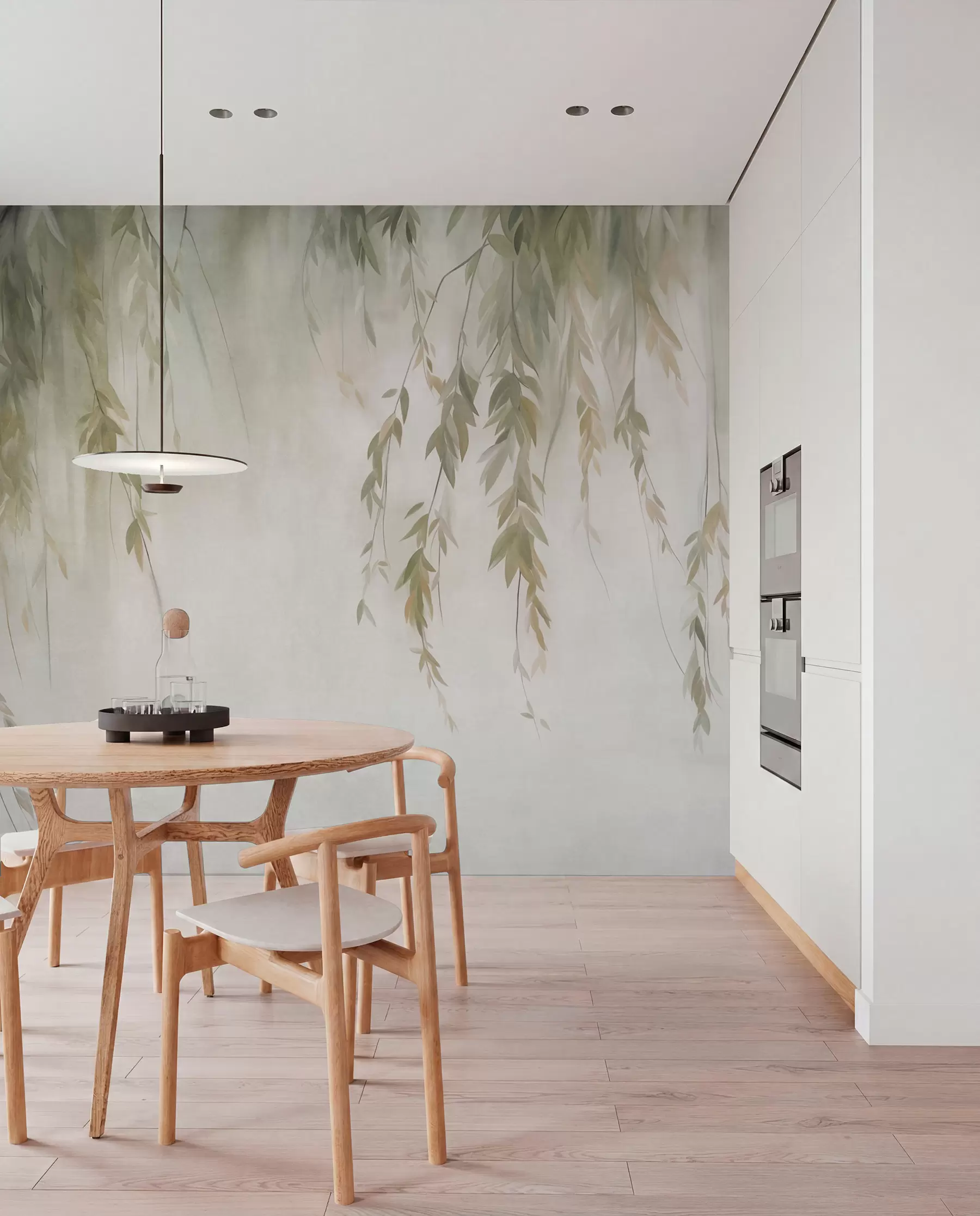 murales de pared Ramas de sauce con hojas de color verde pálido que cuelgan sobre un fondo tenue, al estilo de la acuarela w09893