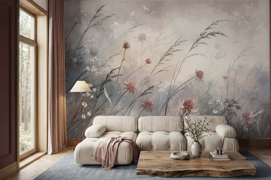 murales de pared Delicadas flores silvestres en un paisaje brumoso en tonos pastel w05538