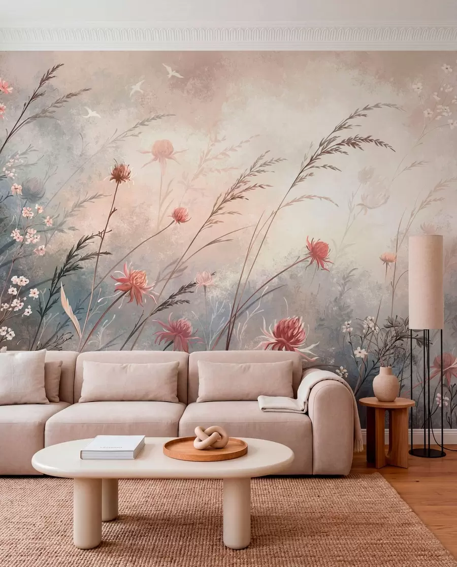 murales de pared Delicadas flores silvestres en un paisaje brumoso en tonos pastel w05538