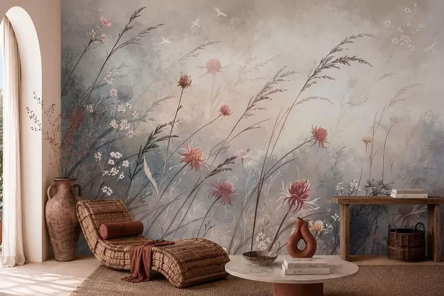 murales de pared Delicadas flores silvestres en un paisaje brumoso en tonos pastel w05538
