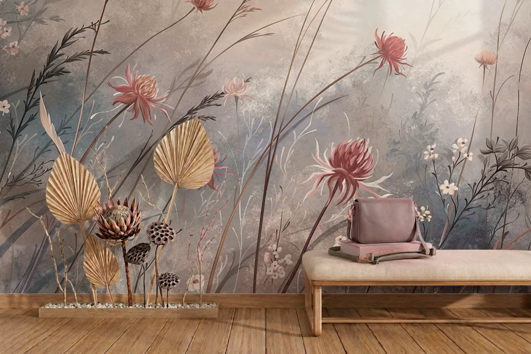 murales de pared Delicadas flores silvestres en un paisaje brumoso en tonos pastel w05538