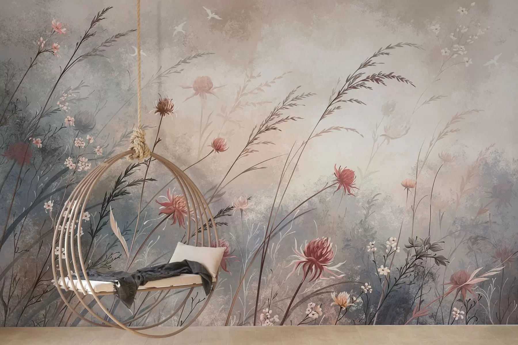 murales de pared Delicadas flores silvestres en un paisaje brumoso en tonos pastel w05538