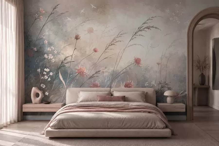 murales de pared Flores silvestres en tonos pastel sobre un fondo suave y difuminado w05538v1
