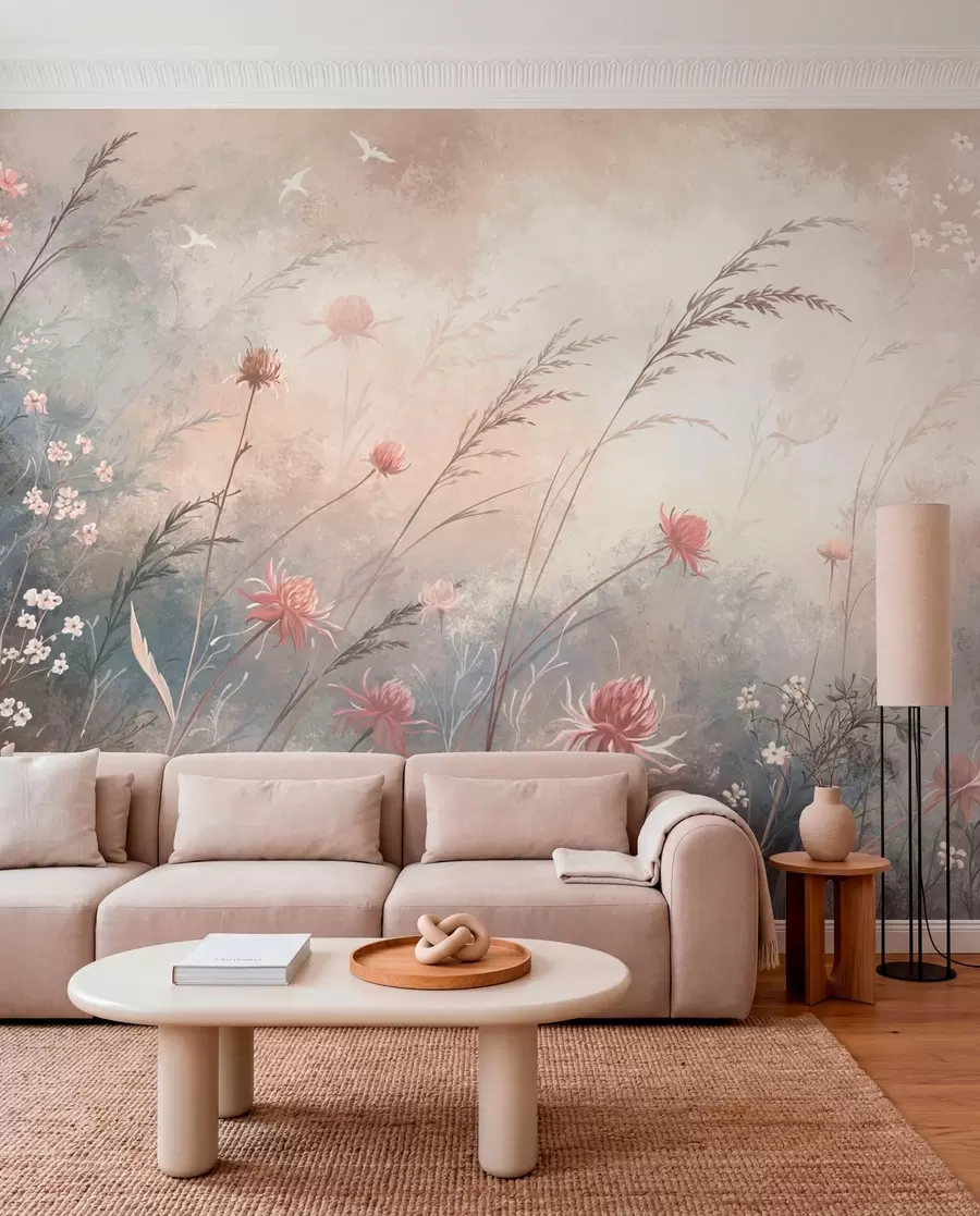 murales de pared Flores silvestres en tonos pastel sobre un fondo suave y difuminado w05538v1