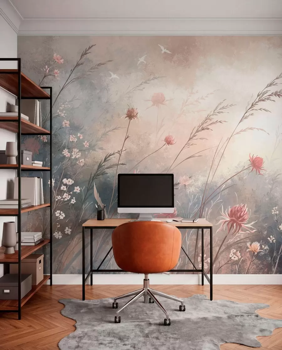 murales de pared Flores silvestres en tonos pastel sobre un fondo suave y difuminado w05538v1