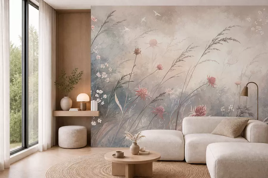 murales de pared Flores silvestres en tonos pastel sobre un fondo suave y difuminado w05538v1