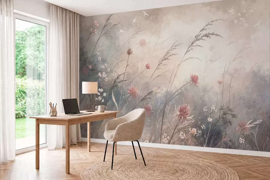 murales de pared Flores silvestres en tonos pastel sobre un fondo suave y difuminado w05538v1