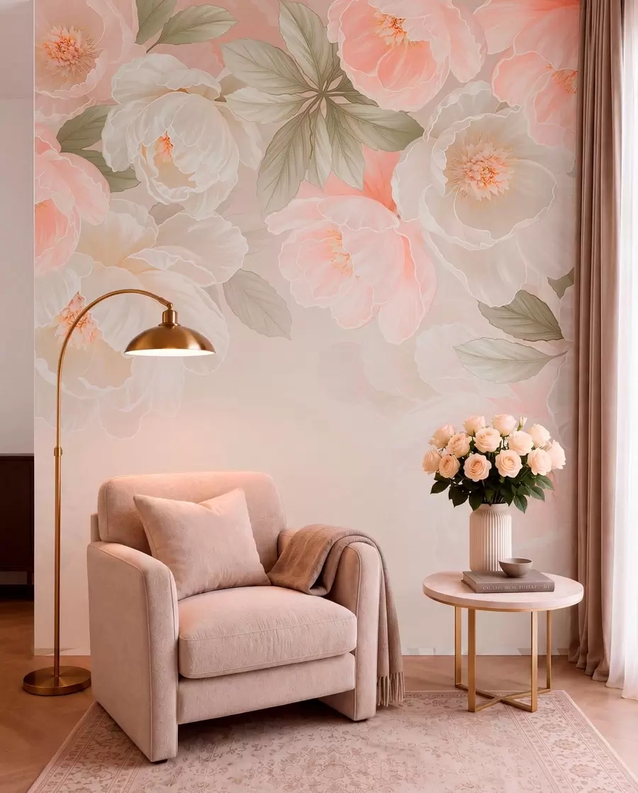 murales de pared Flores grandes y delicadas en tonos rosa y crema w05540