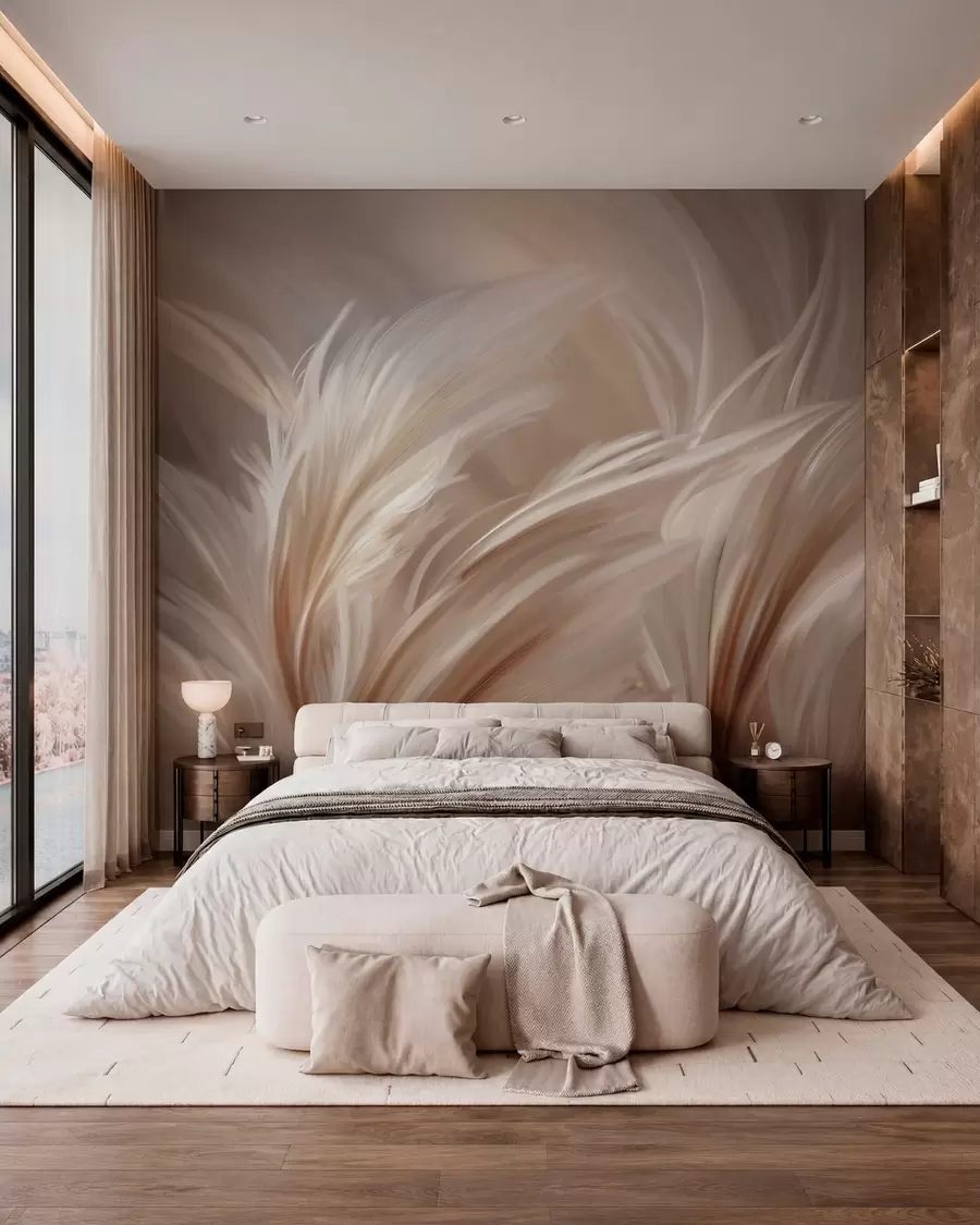 murales de pared Elegantes plumas en tonos beige y marrón w05658