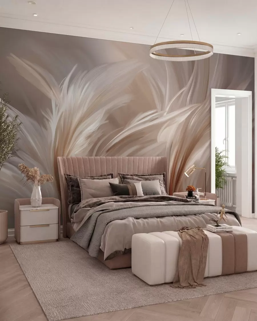 murales de pared Elegantes plumas en tonos beige y marrón w05658