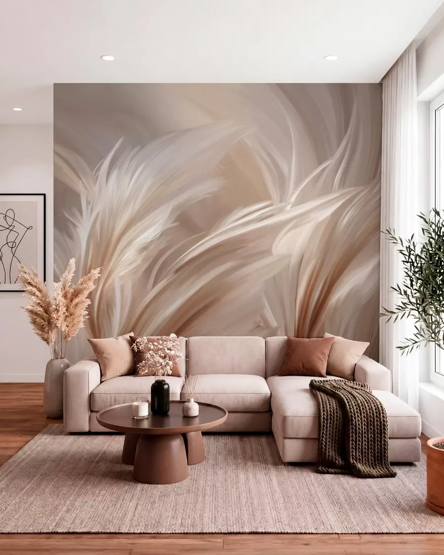 murales de pared Elegantes plumas en tonos beige y marrón w05658