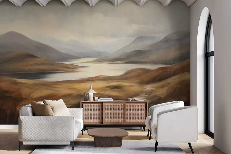 murales de pared Paisaje con relieve, un lago rodeado de colinas y montañas bajo un cielo nublado con hierba seca w09756