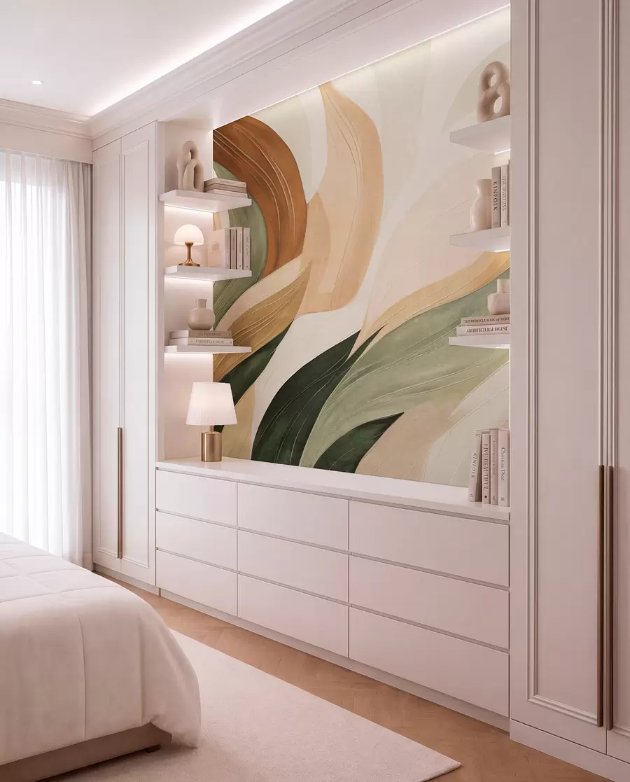 murales de pared Formas orgánicas abstractas en tonos tierra —verde, marrón y beige— con texturas fluidas w09894