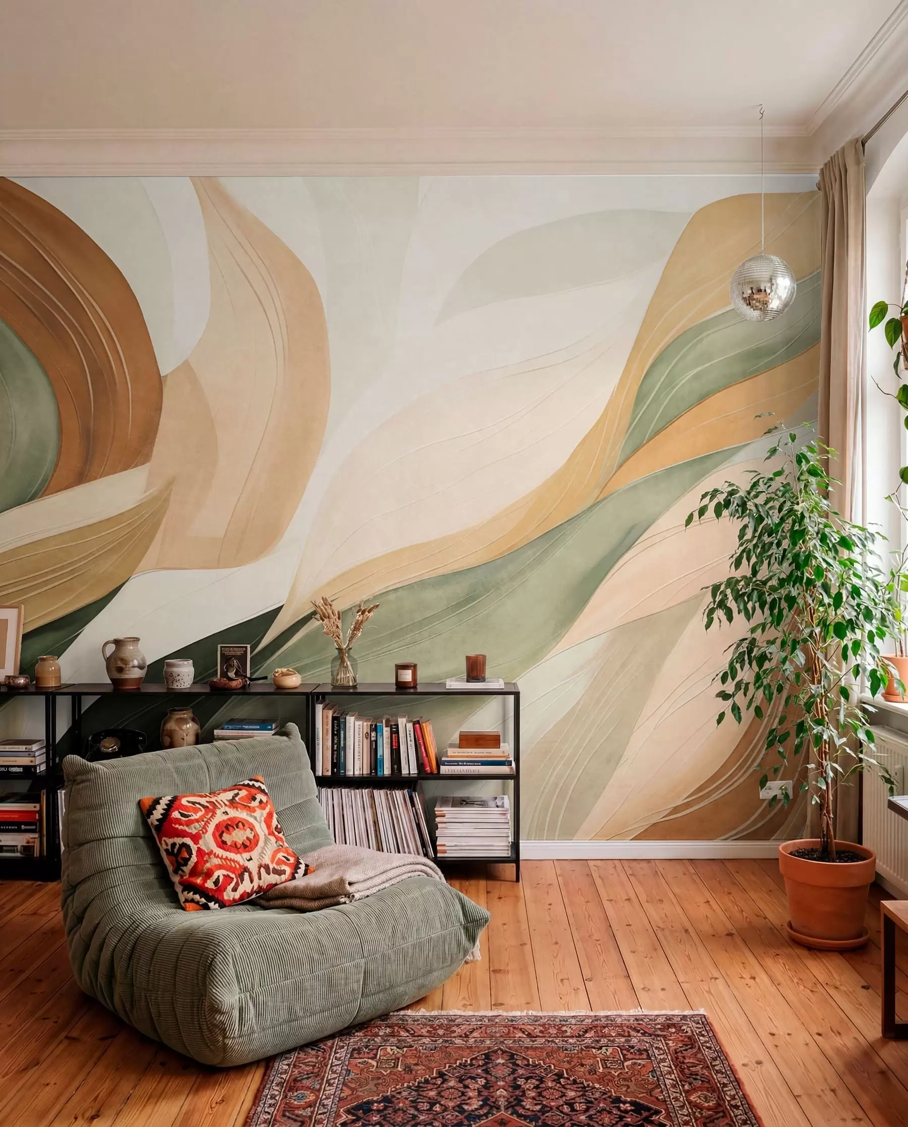 murales de pared Formas orgánicas abstractas en tonos tierra —verde, marrón y beige— con texturas fluidas w09894