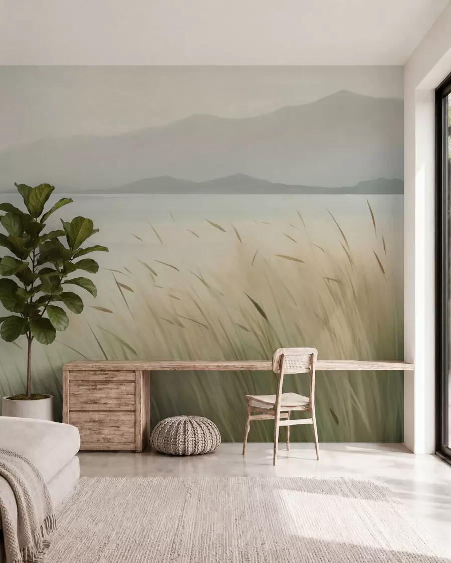 murales de pared Césped junto al lago con las montañas al fondo w05668