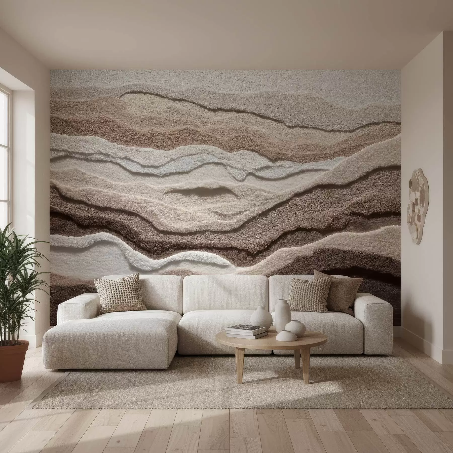 murales de pared Fotomural con textura que representa formaciones de arena en capas en una cálida gama de tonos beige w09807