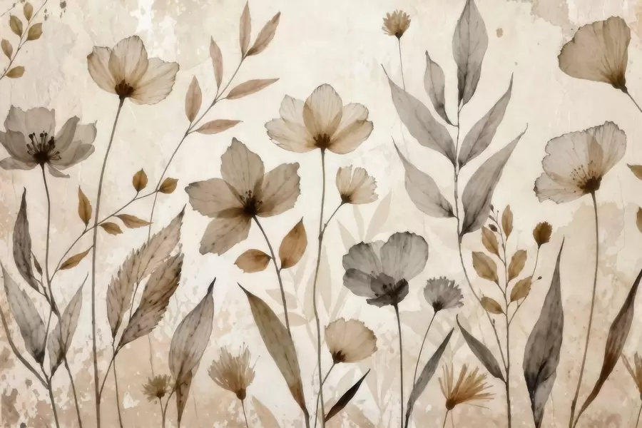 murales de pared Delicadas flores silvestres pintadas en acuarela en una suave paleta de tonos beige y crema w09875