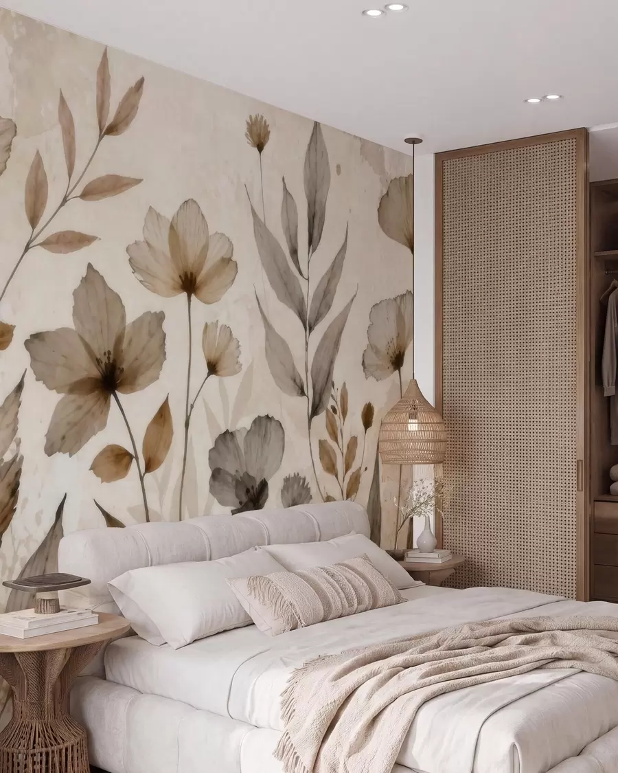 murales de pared Delicadas flores silvestres pintadas en acuarela en una suave paleta de tonos beige y crema w09875