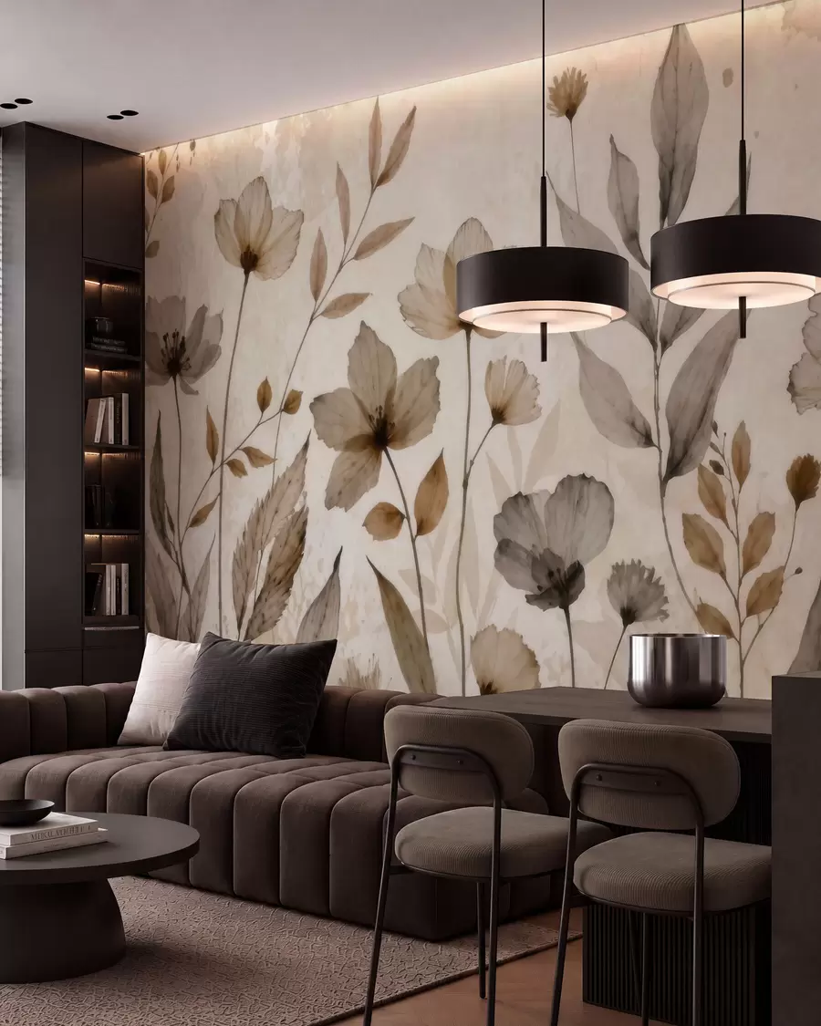 murales de pared Delicadas flores silvestres pintadas en acuarela en una suave paleta de tonos beige y crema w09875