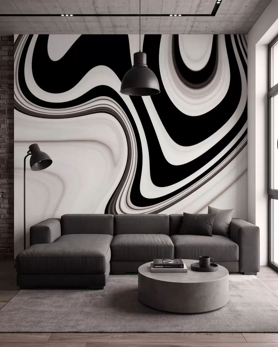 murales de pared Mural abstracto con ondulaciones fluidas en blanco y negro, de estilo minimalista moderno w09877