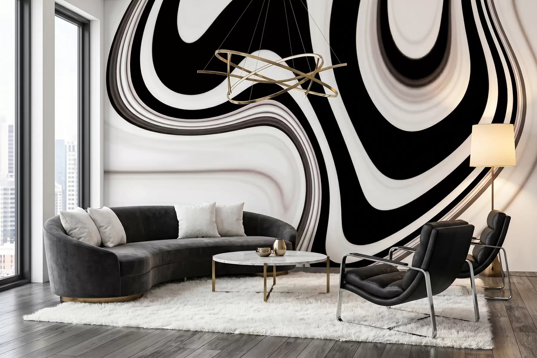 murales de pared Mural abstracto con ondulaciones fluidas en blanco y negro, de estilo minimalista moderno w09877