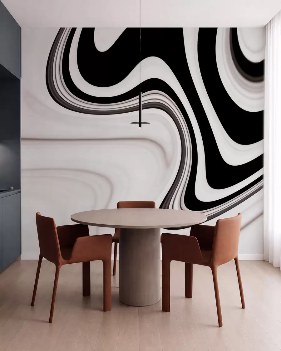 murales de pared Mural abstracto con ondulaciones fluidas en blanco y negro, de estilo minimalista moderno w09877