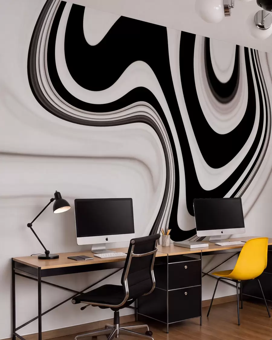 murales de pared Mural abstracto con ondulaciones fluidas en blanco y negro, de estilo minimalista moderno w09877